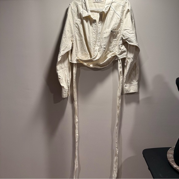 We The Free 2 Way Long Sleeve Wrap Around Ivory Denim Cropped Top Front Pocket - Picture 3 of 16